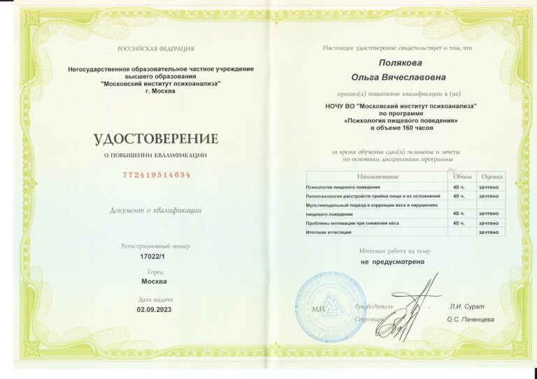 Удостоверение МИП — психология пищевого поведения, 160 часов, 2023